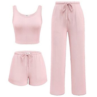 Ekouaer Women Three Piece Lounge Set Twisted Rib Vacation Outfits Crop Top Shorts & Pants