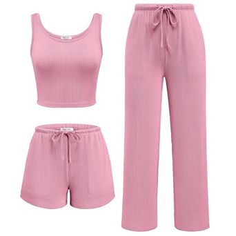 Ekouaer Women’s Three Piece Twisted Rib Lounge Set Crop Top Shorts and Pants