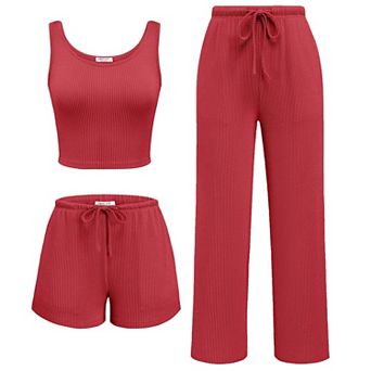 Ekouaer Women Three Piece Lounge Set Twisted Rib Vacation Outfits Crop Top Shorts & Pants