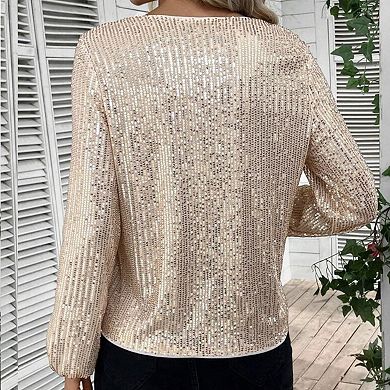 Women's Sequin V Neck Long Sleeve Blouse, Lantern Sleeve Glitter Party Cocktail Top