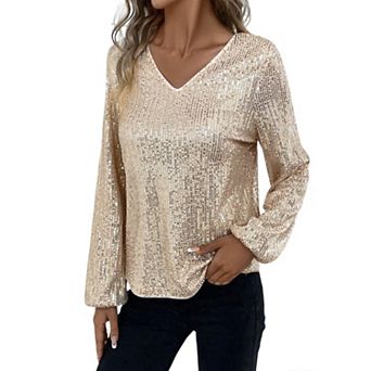 Women's Sequin V Neck Long Sleeve Blouse, Lantern Sleeve Glitter Party Cocktail Top