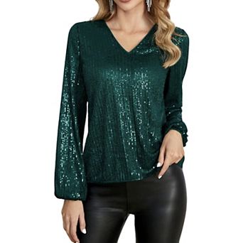 Women's Sequin V Neck Long Sleeve Blouse, Lantern Sleeve Glitter Party Cocktail Top