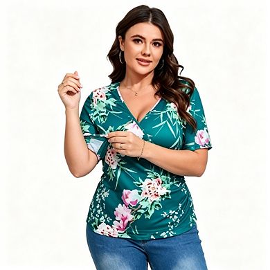 Womens Plus Size Summer Tops Short Sleeve V Neck Ruffle Blouse Cross Over Trendy Y2K Tshirt