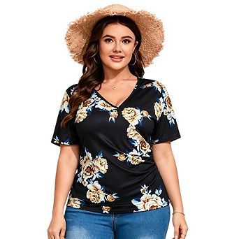 Womens Plus Size Summer Tops Short Sleeve V Neck Ruffle Blouse Cross Over Trendy Y2K Tshirt