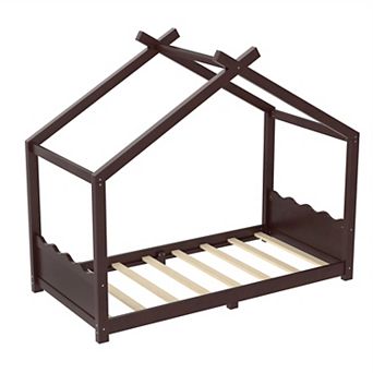 Pnronnc Low-Profile Montessori Toddler Bed House Frame Floor Bed Wood Bed Tent with Support Slats