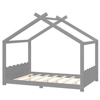 Pnronnc Low-Profile Montessori Toddler Bed House Frame Floor Bed Wood Bed Tent with Support Slats
