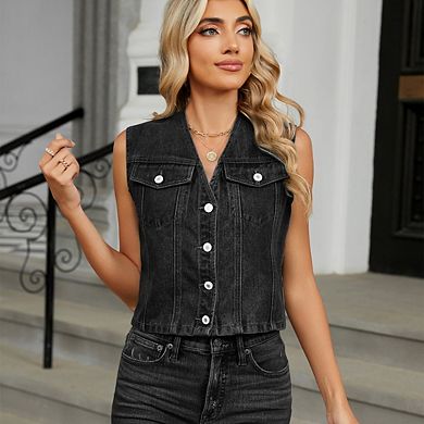 Women's V-Neck Crop Denim Vest Sleeveless Button Down Jean Waistcoat Top