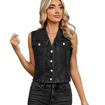 Women's V-Neck Crop Denim Vest Sleeveless Button Down Jean Waistcoat Top
