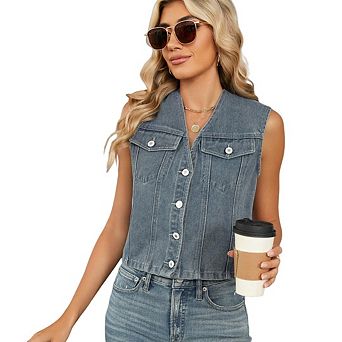Women's V-Neck Crop Denim Vest Sleeveless Button Down Jean Waistcoat Top
