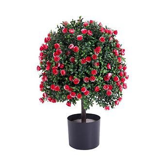 Artificial Rose Topiary Ball in Pot, 21.65" Tall UV Resistant Faux Potted Plant for Indoor Outdoor