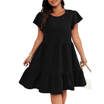 Women's Plus Size Tiered Ruffle Dress Crew Neck Short Sleeve Swing Flowy Babydoll Dresses