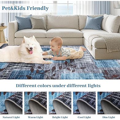 Washable Rugs for Living Room, Willow Leaf Geometric Rug Non-Slip Low-Pile Carpet