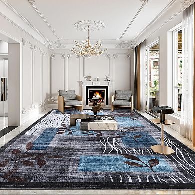 Washable Rugs for Living Room, Willow Leaf Geometric Rug Non-Slip Low-Pile Carpet