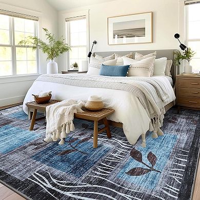 Washable Rugs for Living Room, Willow Leaf Geometric Rug Non-Slip Low-Pile Carpet