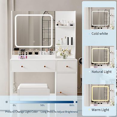 Vanity Desk with LED Lighted Mirror & Power Outlet