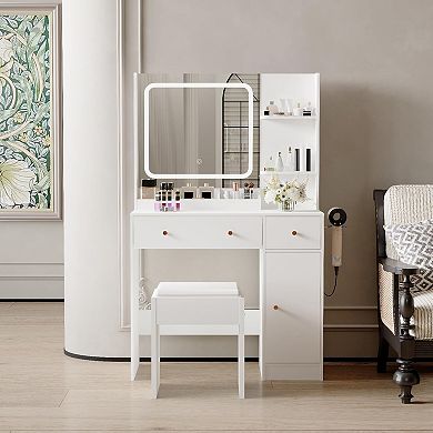Vanity Desk with LED Lighted Mirror & Power Outlet
