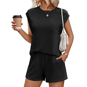 Ekouaer Two Piece Set Summer Casual Lounge Shorts Sets Cap Sleeve Sweatsuit Beach Vacation Outfits
