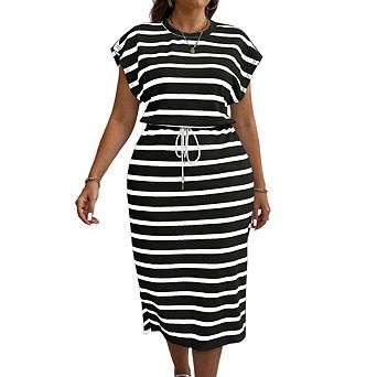 Womens Plus Size Striped Crewneck Cap Sleeve Color Block Casual Tshirt Dress