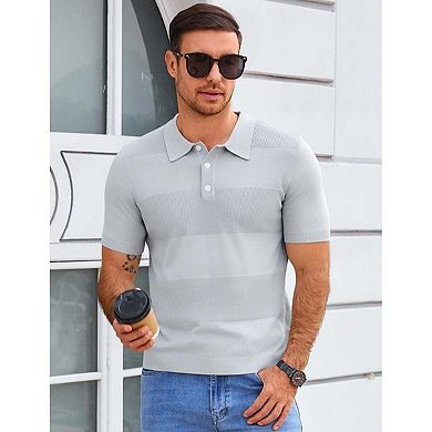 Seoria Mens Short Sleeve Striped Knit Polo Sweater Casual Collared Pullover Top