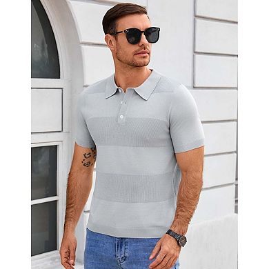 Seoria Mens Short Sleeve Striped Knit Polo Sweater Casual Collared Pullover Top