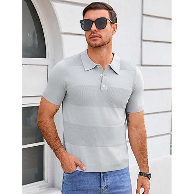 Seoria Mens Short Sleeve Striped Knit Polo Sweater Casual Collared Pullover Top