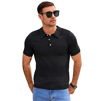 Seoria Mens Short Sleeve Striped Knit Polo Sweater Casual Collared Pullover Top