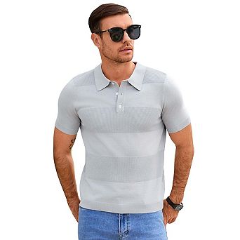 Seoria Mens Short Sleeve Striped Knit Polo Sweater Casual Collared Pullover Top