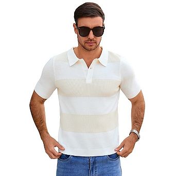 Seoria Mens Short Sleeve Striped Knit Polo Sweater Casual Collared Pullover Top