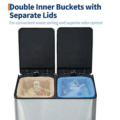 Dual Compartment Stainless Steel Kitchen Trash Can, Soft Close Lid, Removable Plastic Inner Buckets