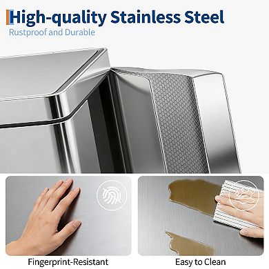Dual Compartment Stainless Steel Kitchen Trash Can, Soft Close Lid, Removable Plastic Inner Buckets
