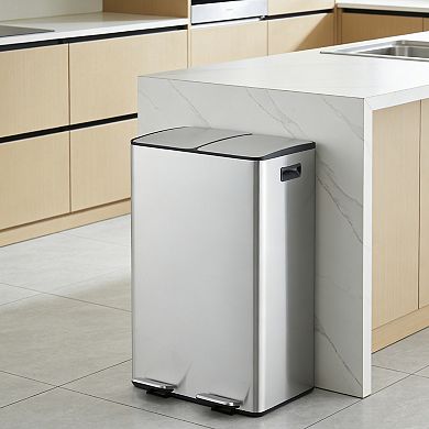 Dual Compartment Stainless Steel Kitchen Trash Can, Soft Close Lid, Removable Plastic Inner Buckets