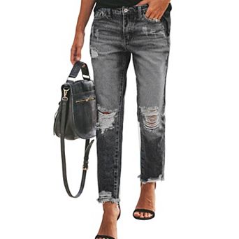 Women's High Waist Distressed Straight Leg Jeans, Ripped Raw Hem Casual Denim Pants