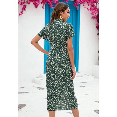 Women's Floral Puff Short Sleeve Side Split A Line Sundress Casual Beach Midi Dresses