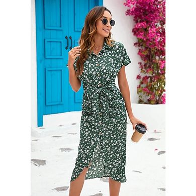 Women's Floral Puff Short Sleeve Side Split A Line Sundress Casual Beach Midi Dresses