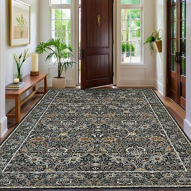 Machine Washable Traditional Rug Vintage Botanical Print, Fade-Resistant & Non-Shedding