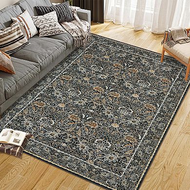 Machine Washable Traditional Rug Vintage Botanical Print, Fade-Resistant & Non-Shedding