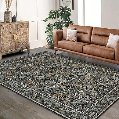 Machine Washable Traditional Rug Vintage Botanical Print, Fade-Resistant & Non-Shedding