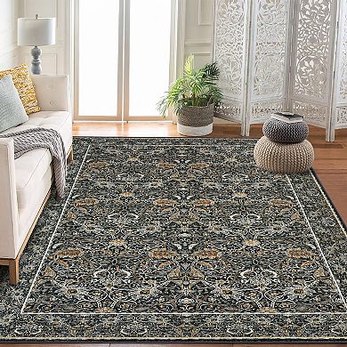 Machine Washable Traditional Rug Vintage Botanical Print, Fade-Resistant & Non-Shedding