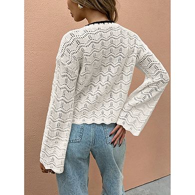 Women Color Block Cardigan Hollow Out Front Tie Loose Top