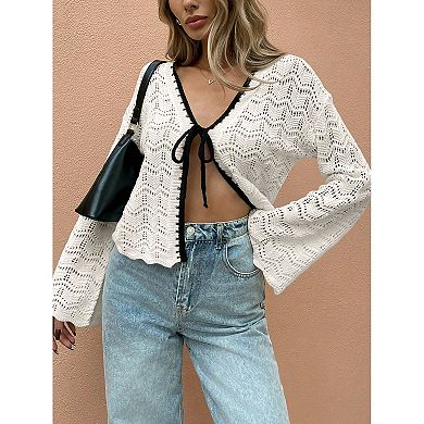 Women Color Block Cardigan Hollow Out Front Tie Loose Top