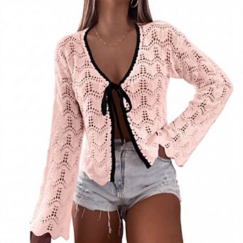Women Color Block Cardigan Hollow Out Front Tie Loose Top