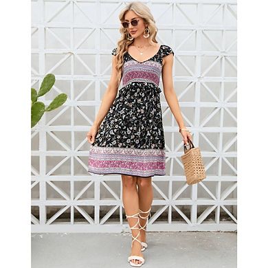 Women Boho Casual Beach V Neck Cap Sleeve Short Floral Print Sundress