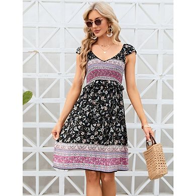 Women Boho Casual Beach V Neck Cap Sleeve Short Floral Print Sundress