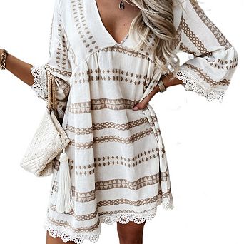 Women's Summer V Neck Geo Print Flowy Dresses Lace Patched Beach Vacation Party Sundress