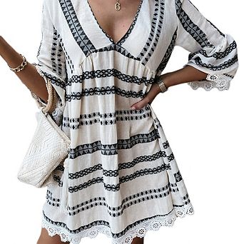 Women's Summer V Neck Geo Print Flowy Dresses Lace Patched Beach Vacation Party Sundress