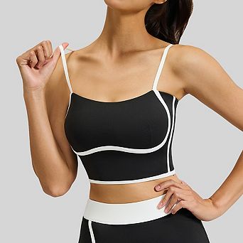 Women’s Sports Bra Adjustable Spaghetti Strap Workout Tank Contrast Trim Athletic Crop Yoga Top
