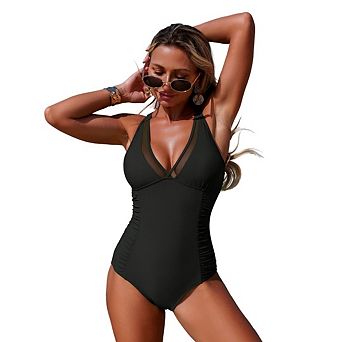 Women's Swimsuits Mesh One Piece Bathing Suits Slimming V Neck Swimwear