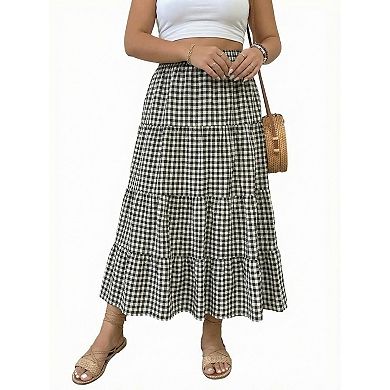 Plus Size Women Layer A Line Flowy Plaid Long Skirt