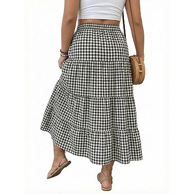 Plus Size Women Layer A Line Flowy Plaid Long Skirt