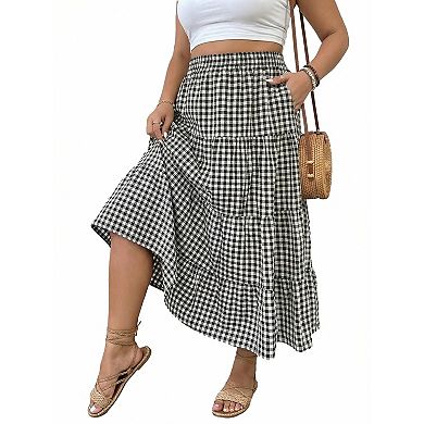 Plus Size Women Layer A Line Flowy Plaid Long Skirt